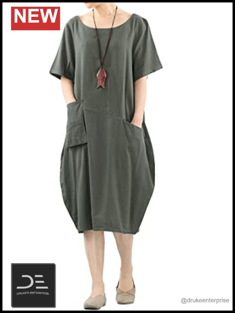 Linen Cotton Tunic Dress Short Sleeve Flowy Midi Kaftan with Pockets